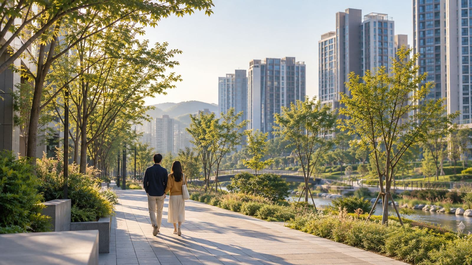 가로수 길을 따라 걷는 부부의 뒷모습과 신도시 아파트(AI 생성 이미지)