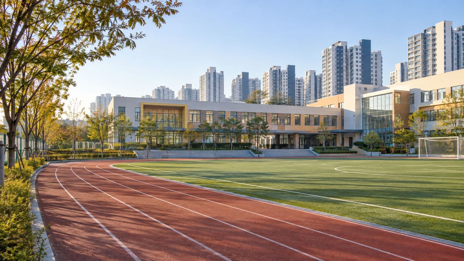 새로 지은 초등학교와 비어 있는 운동장 트랙(AI 생성 이미지)