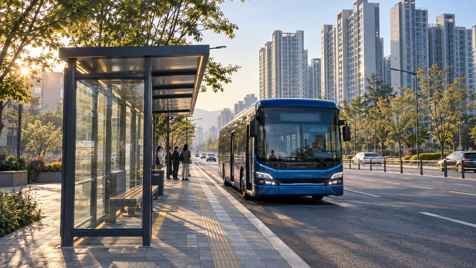신도시 큰길가에 선 버스 정류장(AI 생성 이미지)